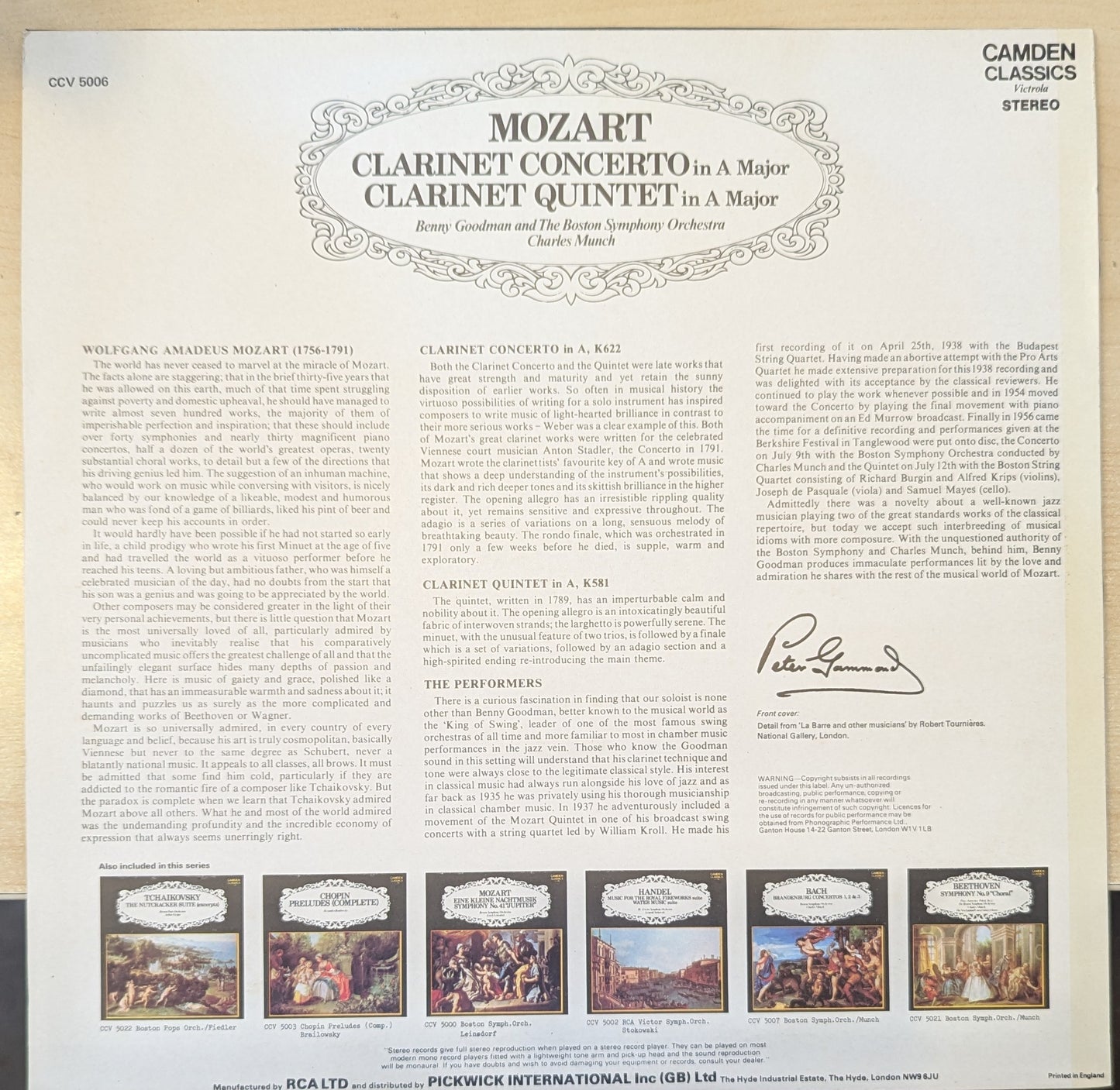 Benny Goodman And The Boston Symphony Orchestra, Charles Munch – Clarinet Concerto In A Major / Clarinet Quintet In A Major (CCV 5006) image 2