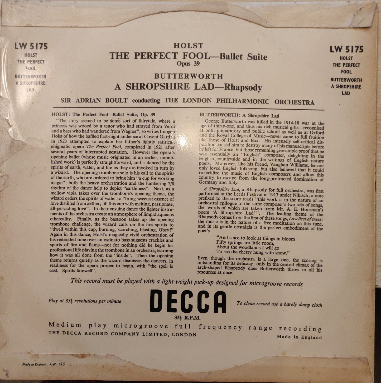 The Perfect Fool Ballet Suite / A Shropshire Lad - Rhapsody (LW5175) image 2