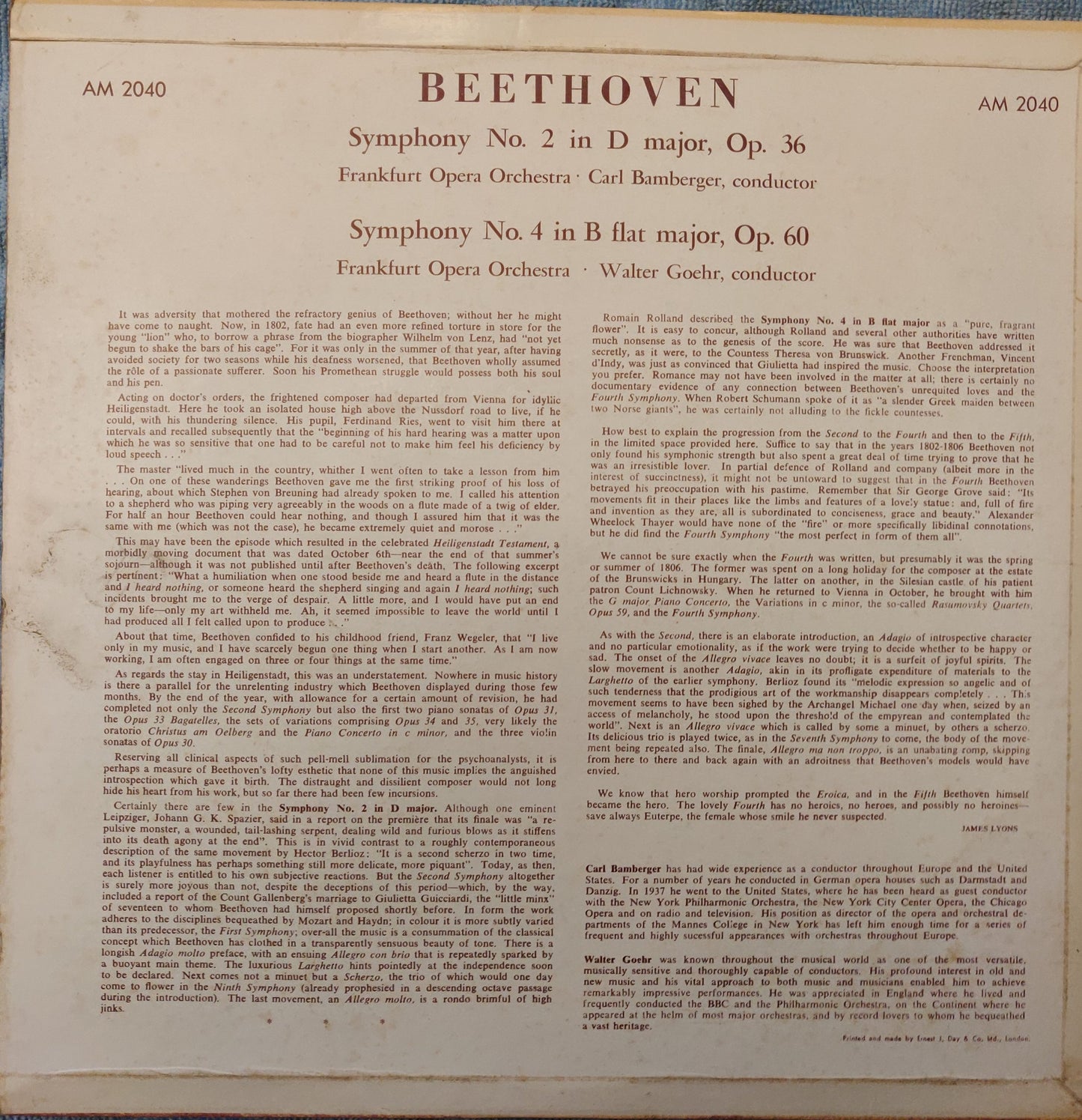 Carl Bamberger, Walter Goehr – Symphony No.2 In D; Symphony No.4 In B Flat image 2