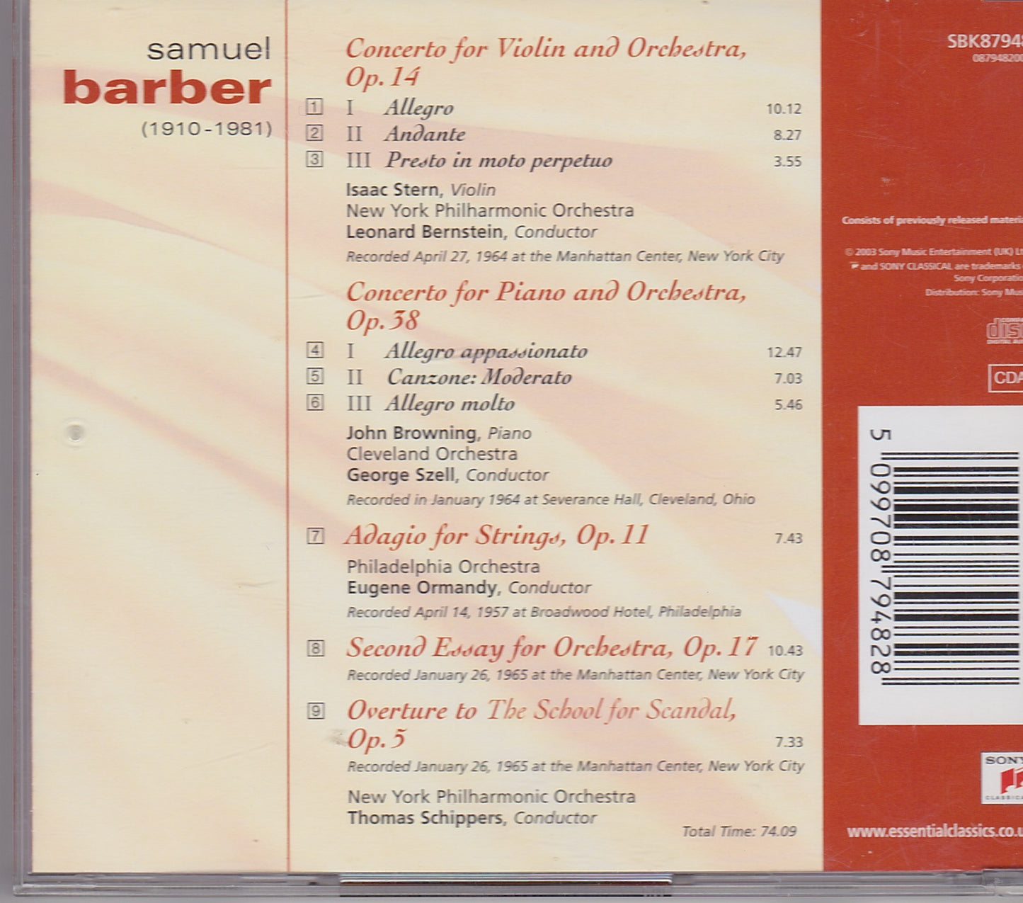 Samuel Barber - Concerto For Violin And Orchestra, Op. 14 (SBK87948) image 2