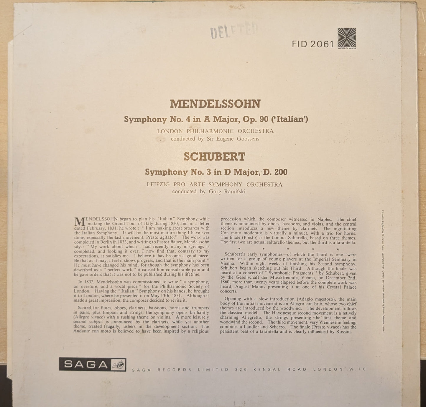 Mendelssohn Italian Symphony - Schubert Symphony No.3