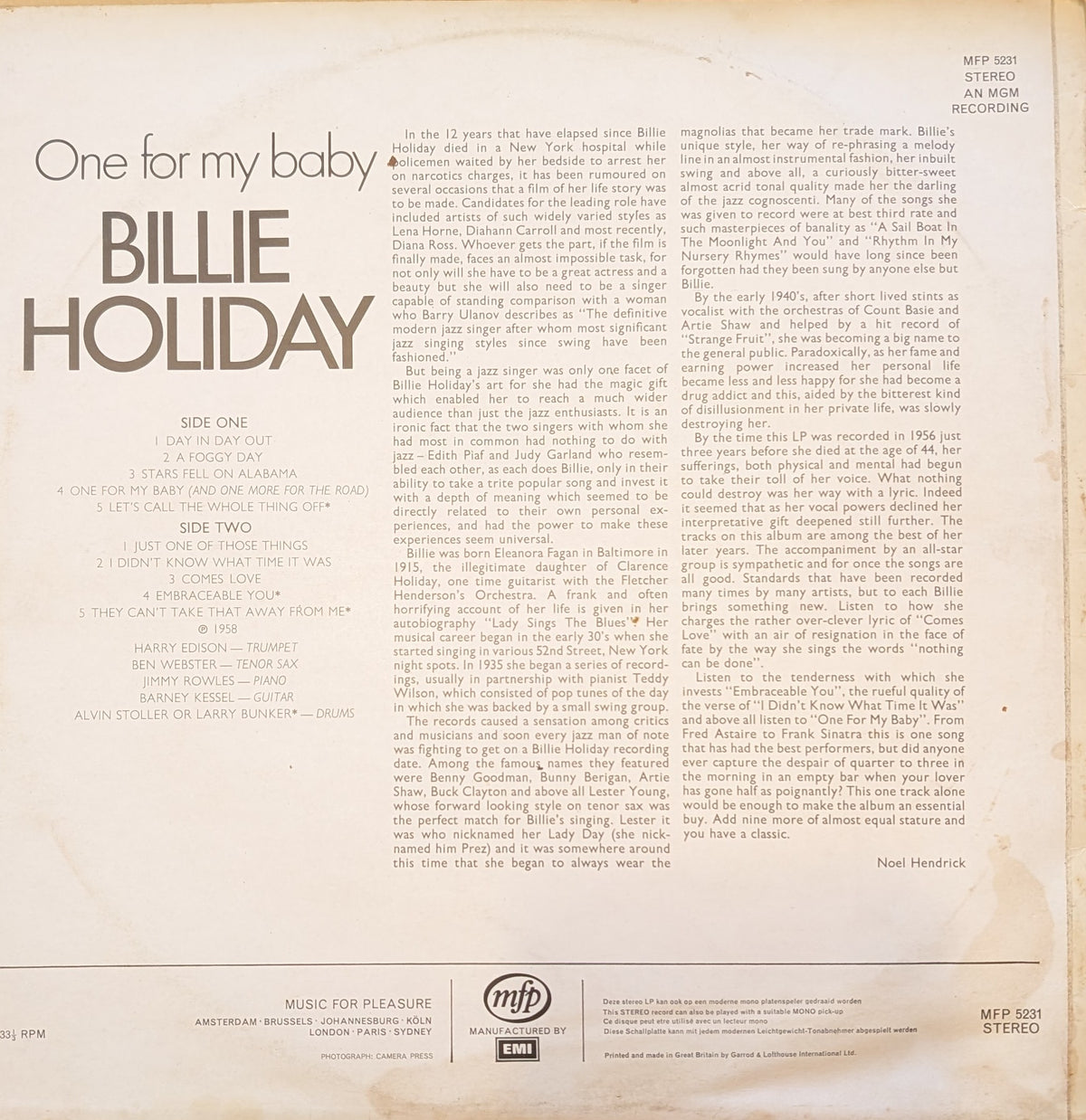 Billie Holiday - One For My Baby (MFP 5231)