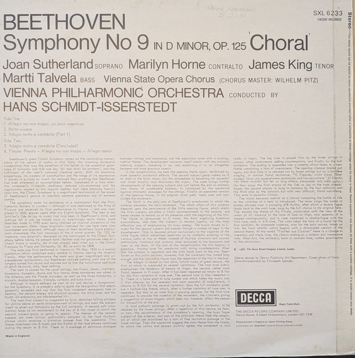 Symphony No 9 'Choral' (SXL 6233) image 1