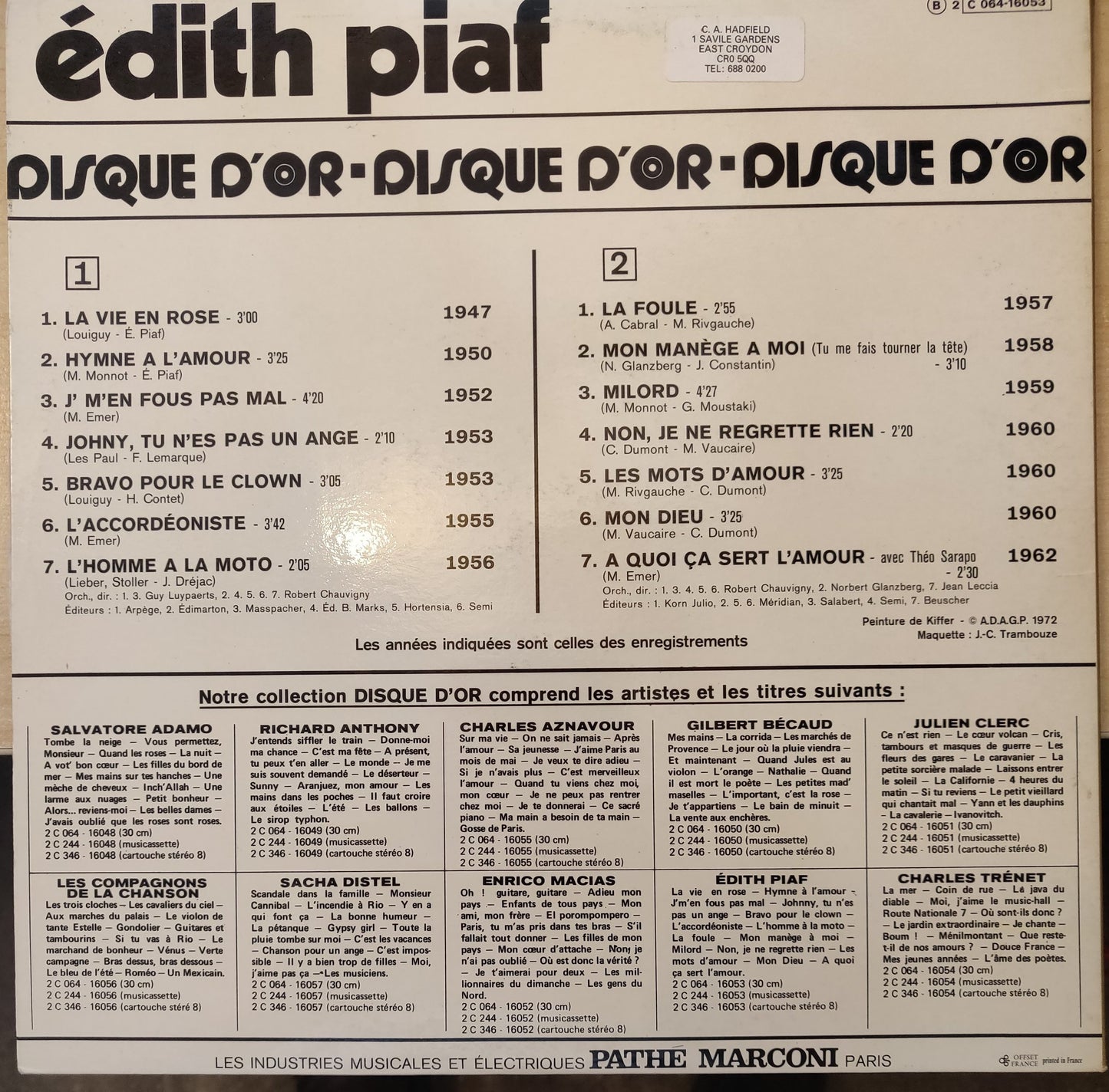 Edith Piaf – Le Disque D'Or D'Edith Piaf (2C 064 16053) image 4