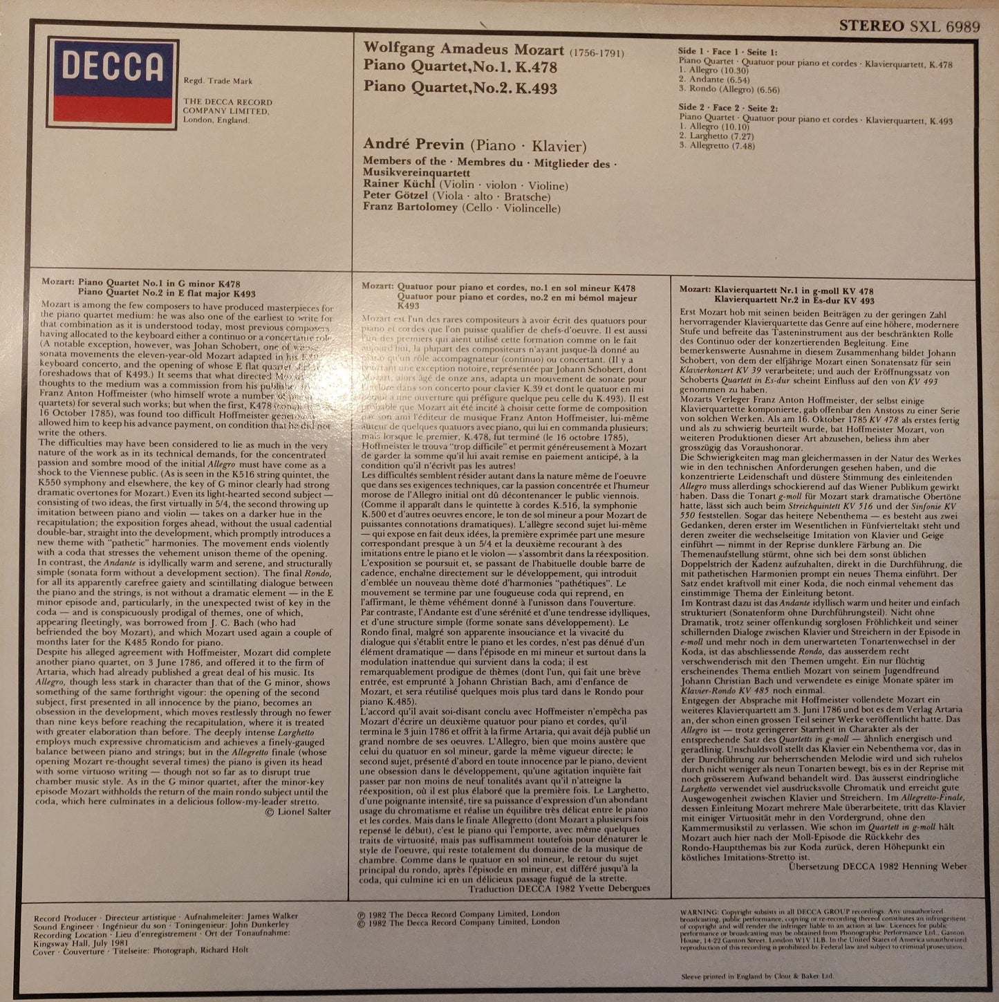 Mozart - Andre Previn , Members Of The Musikvereinquartett – The Piano Quartets (SXL 6989) image 2