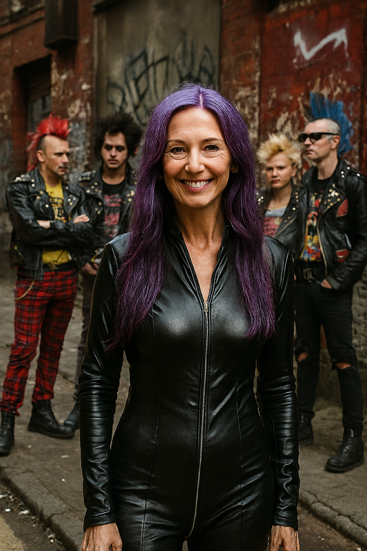 leather clad woman remembering the day Never mind the bollocks got to No. 1 in UK charts