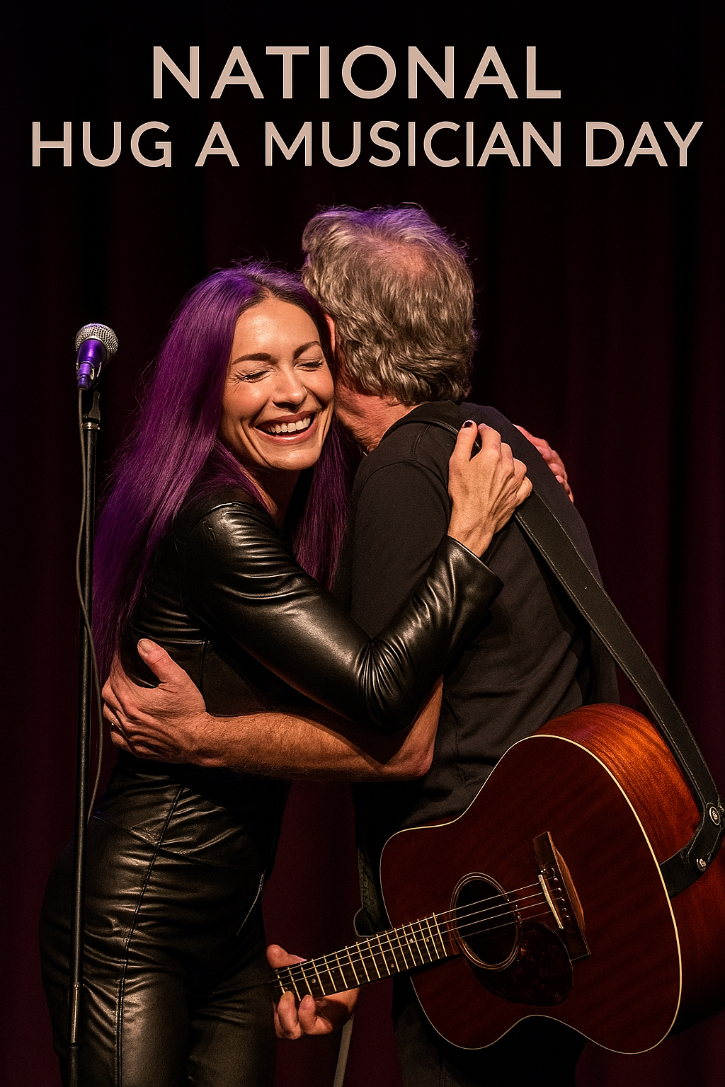 Leather clad woman hugging a musician for National Hug a Musician Day