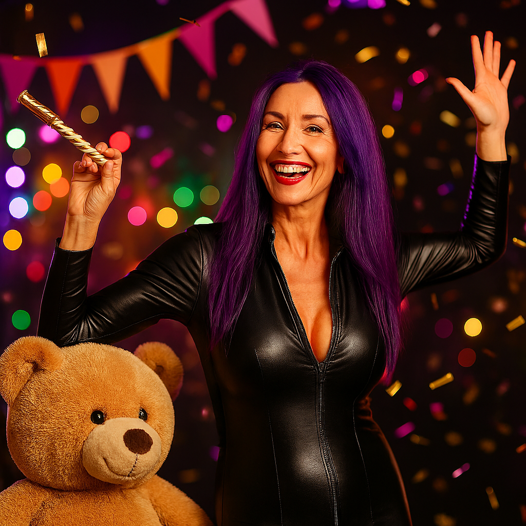 Leather clad woman partying with her bear