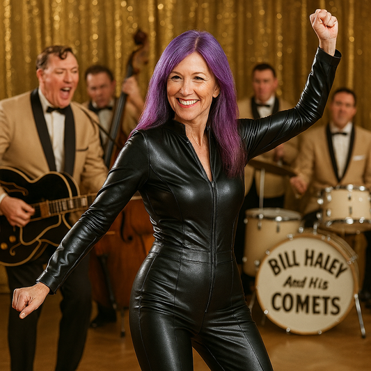 leather clad woman dancing to Bill Haley and the Comets