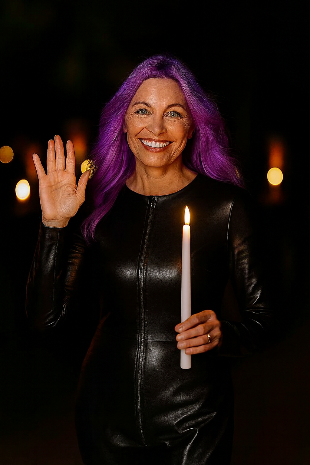 leather clad woman on All Saints Day