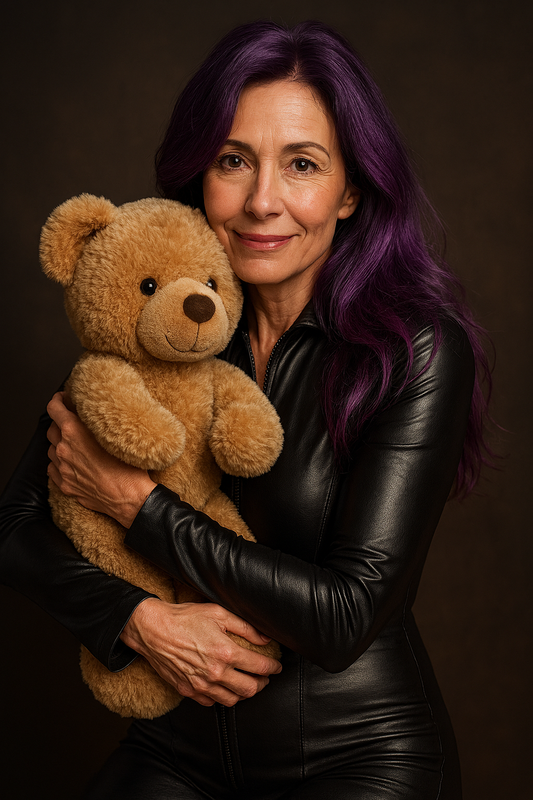 leather clad woman hugging a bear