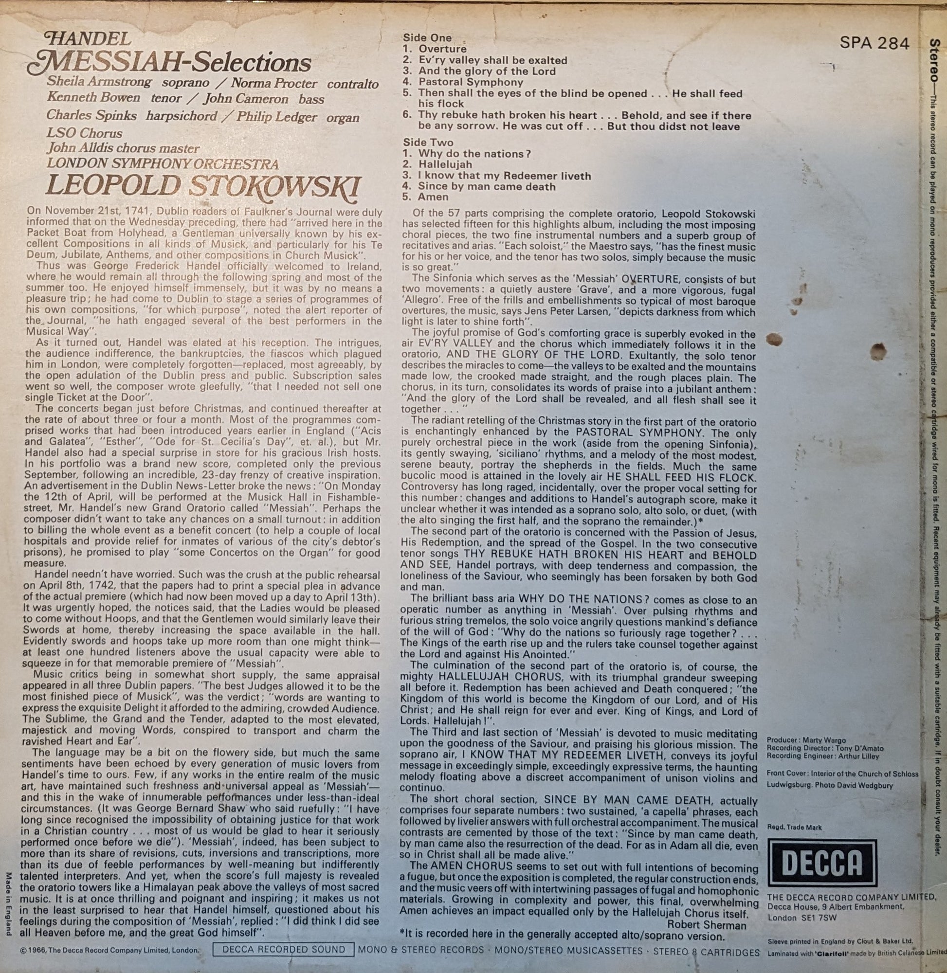 Handel, London Symphony Orchestra, Leopold Stokowski ‎– Messiah-Selections image 2
