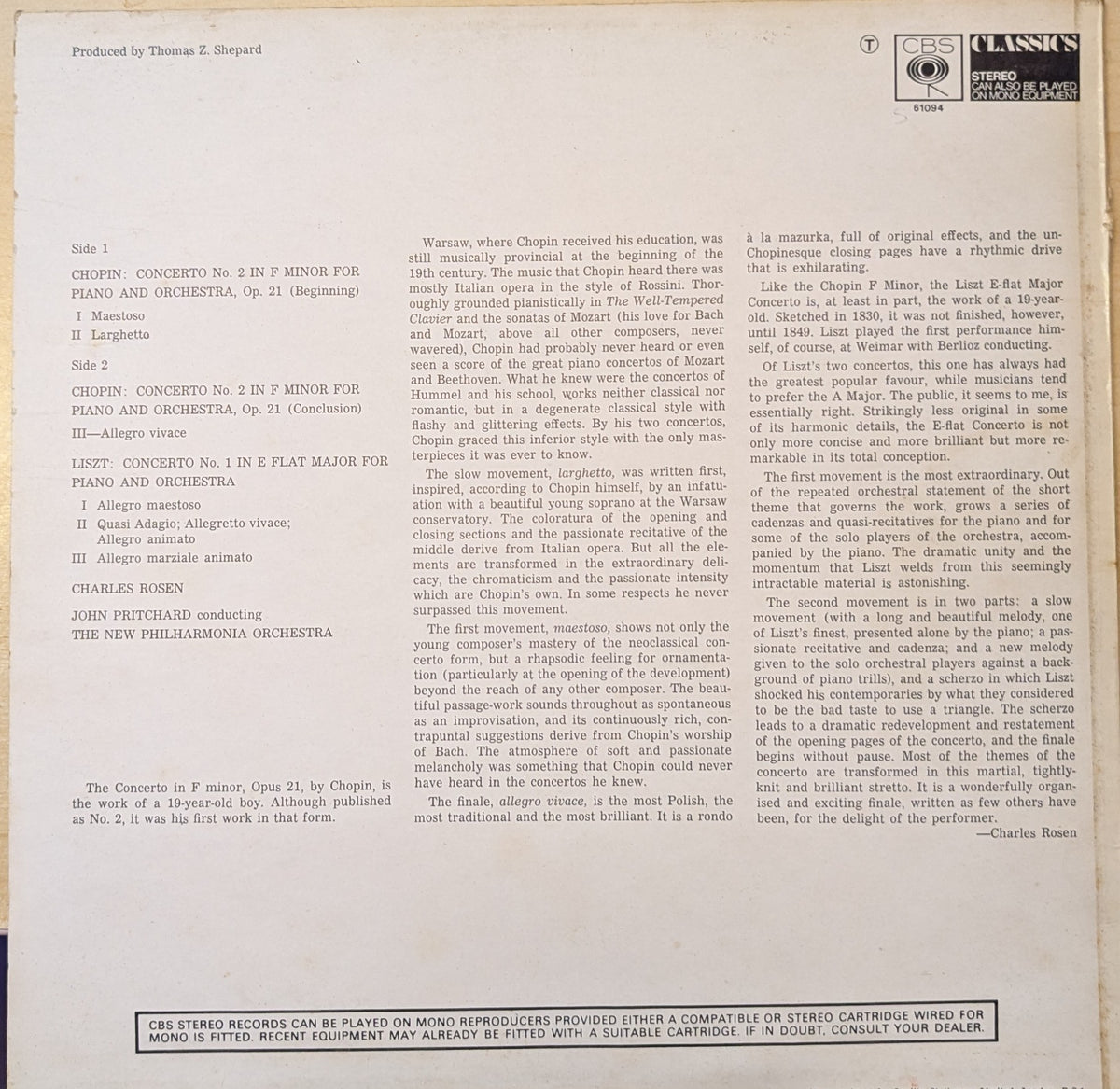 Charles Rosen Rfr Charles Rosen Plays Chopin (61094) – Rare Record Company