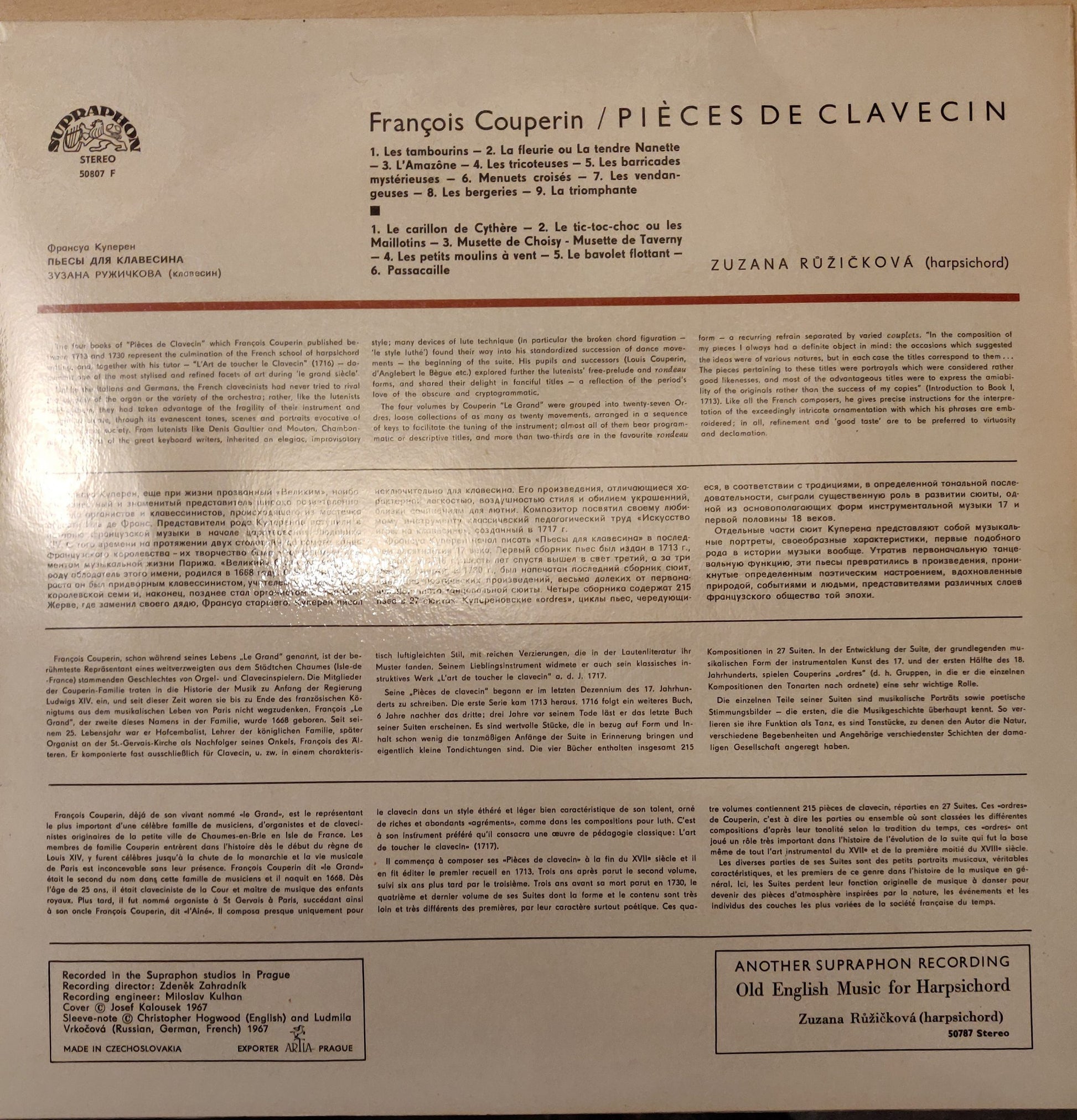 François Couperin, Zuzana Růžičková ‎– Pièces De Clavecin (50807) image 1