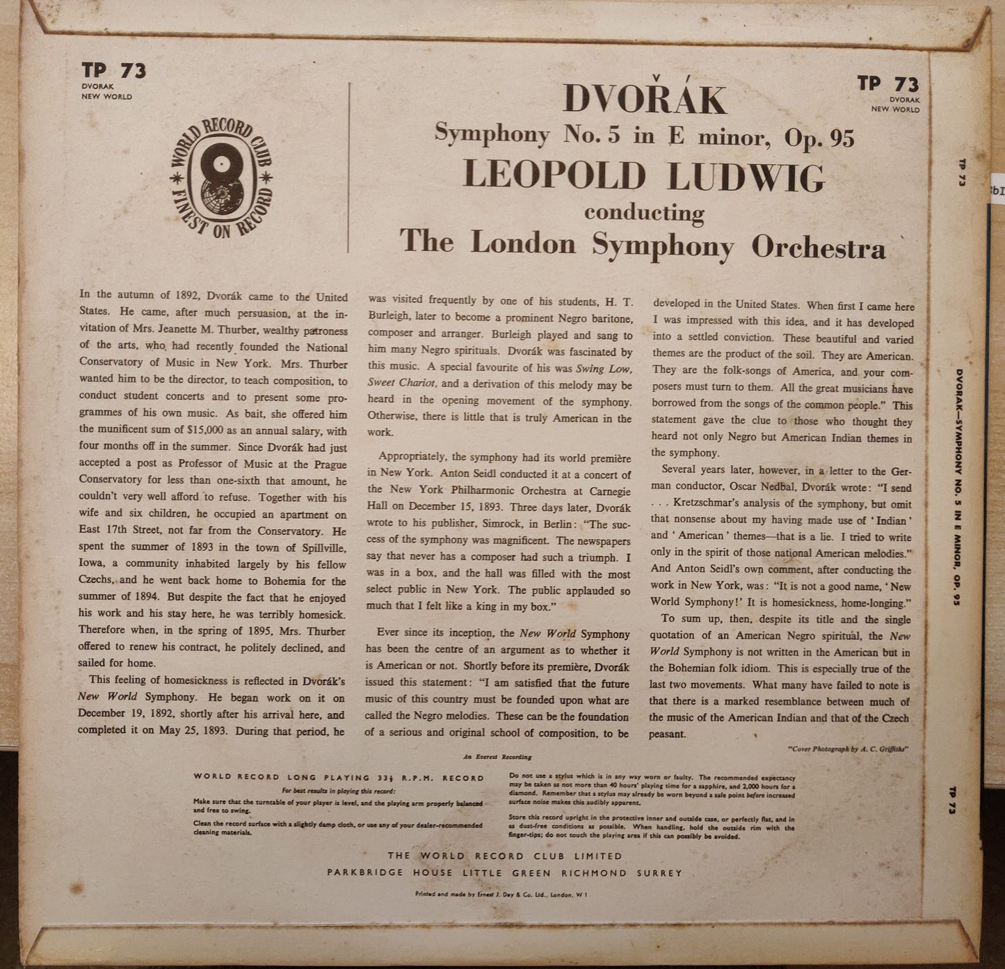 Dvorak - Leopold Ludwig Conducts The London Symphony Orchestra ‎– Symphony No. 5 'From The New World' (TP73) image 2