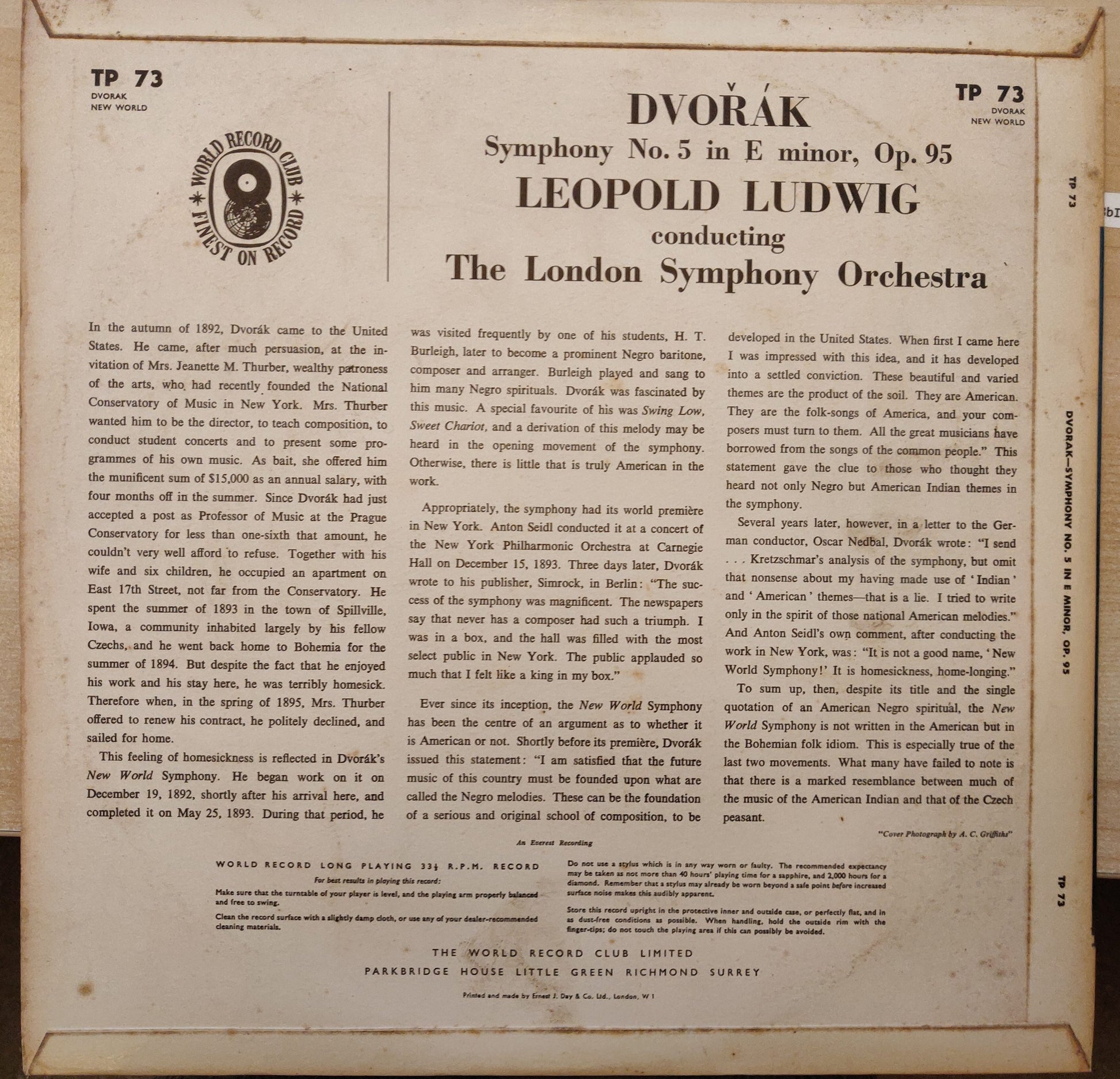 Dvorak - Leopold Ludwig Conducts The London Symphony Orchestra ‎– Symphony No. 5 'From The New World' (TP73) image 2