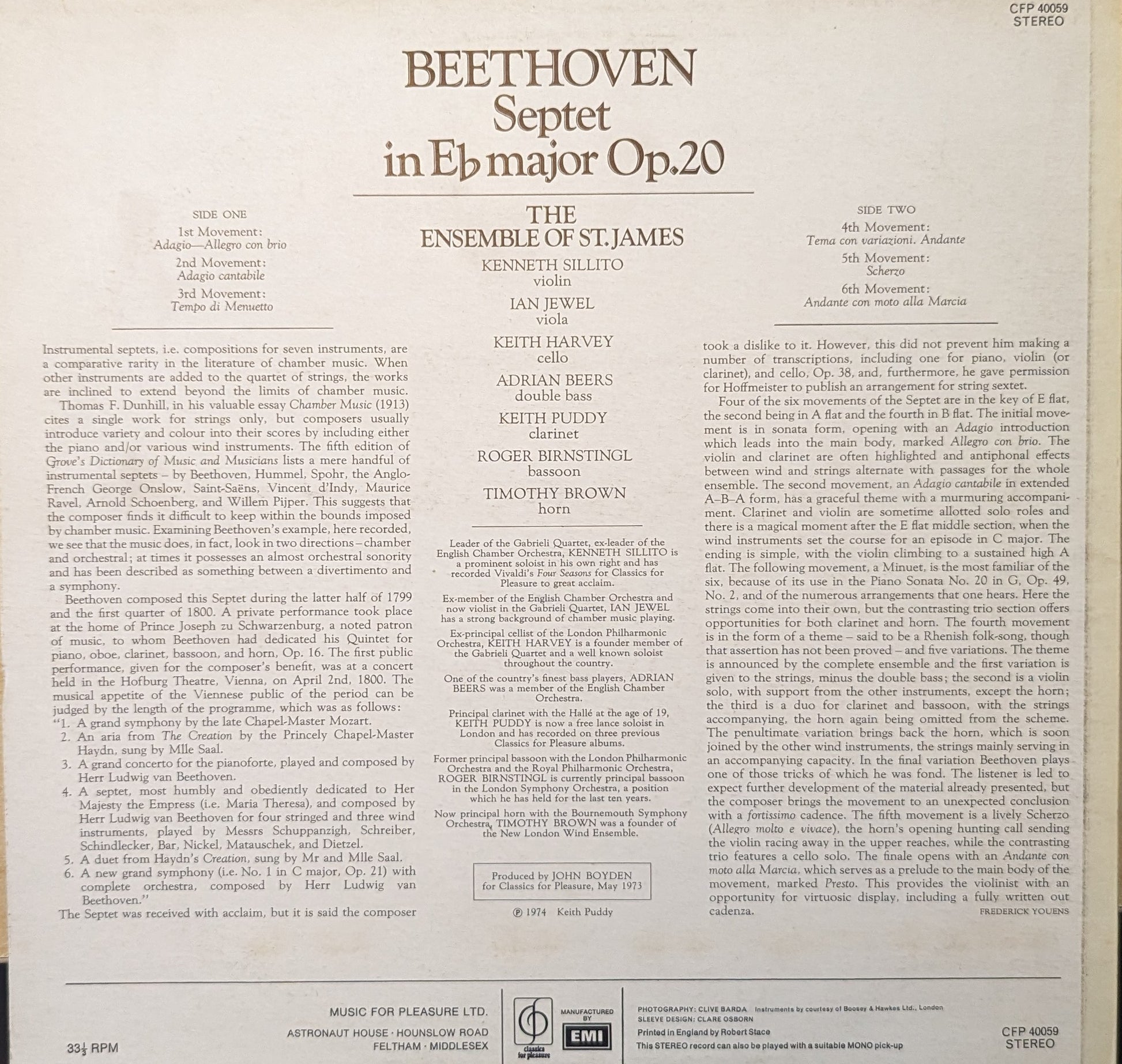 The Ensemble Of St. James ‎– Beethoven - Septet In Eb Major, Op.20 image 2
