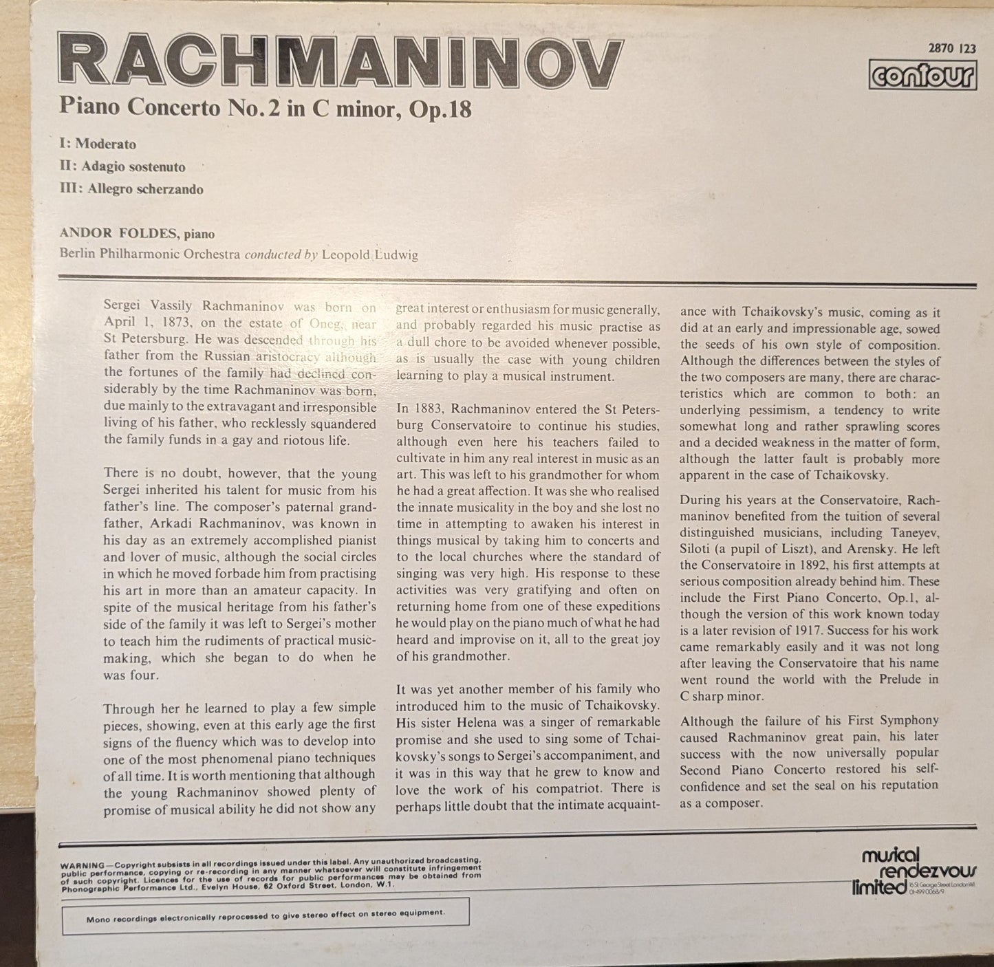 Rachmaninov, Andor Foldes, Berlin Philharmonic Orchestra, Leopold Ludwig ‎– Piano Concerto No.2 In C Minor (2870 123) image 2