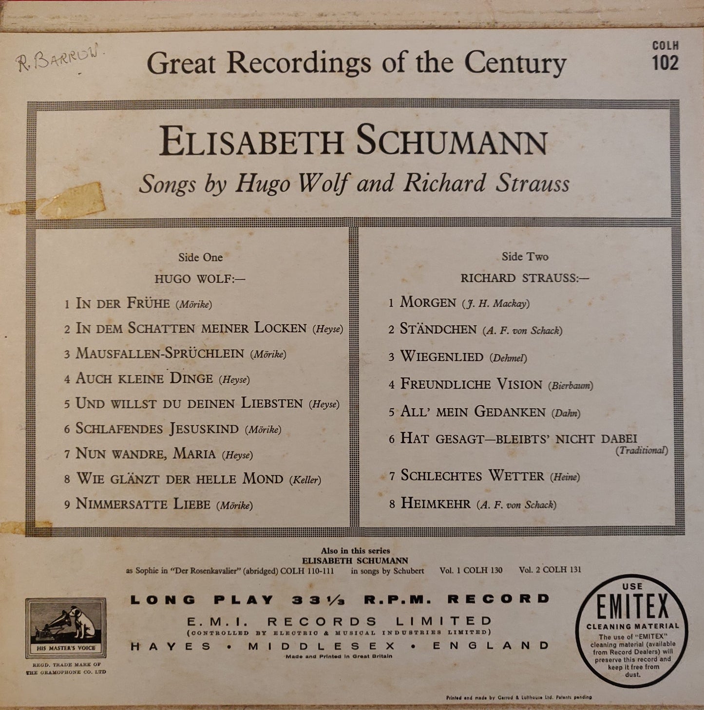 Elisabeth Schumann, Richard Strauss, Hugo Wolf ‎– Lieder (COLH.102.) image 1