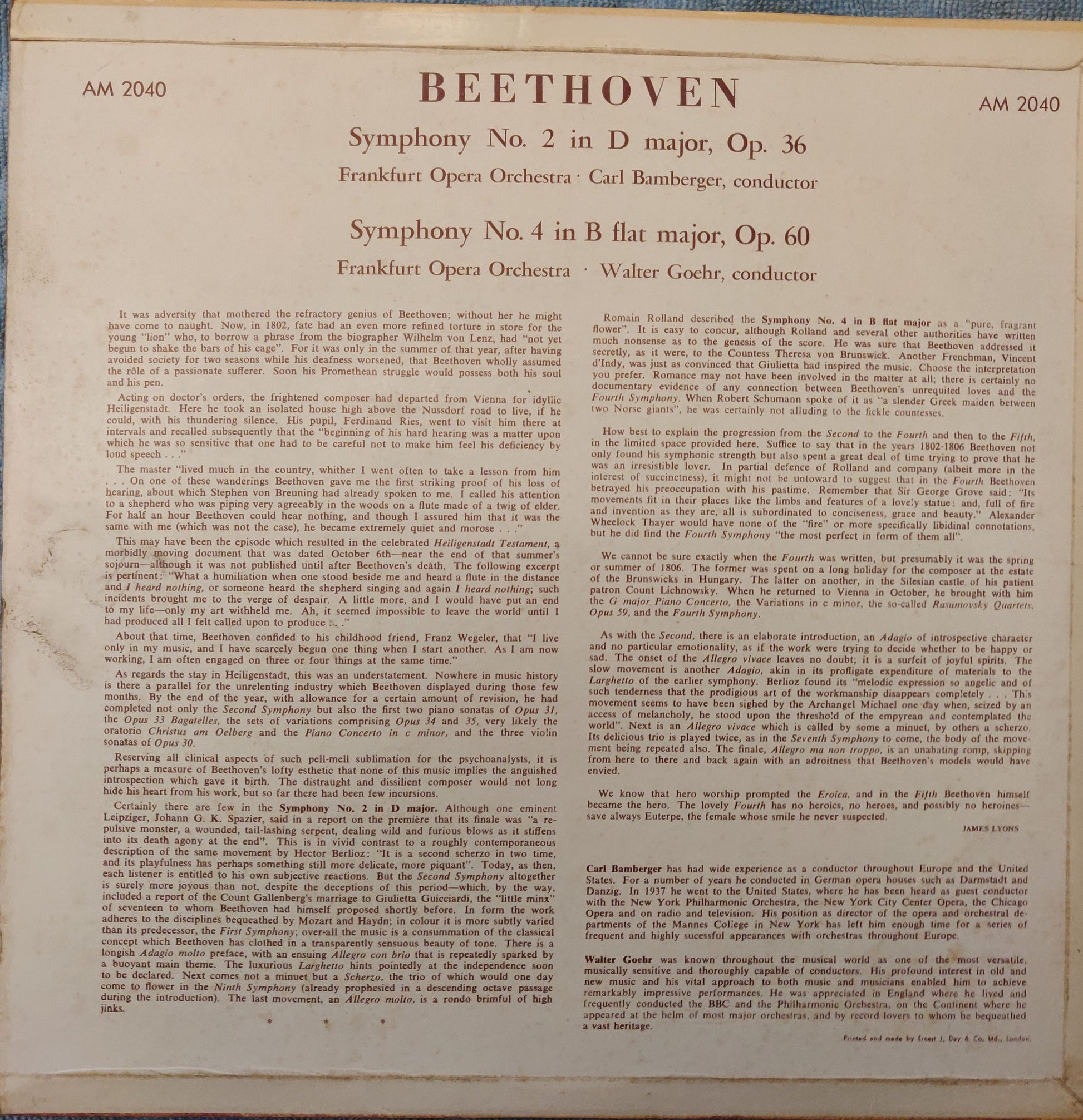 Carl Bamberger, Walter Goehr ‎– Symphony No.2 In D; Symphony No.4 In B Flat image 2