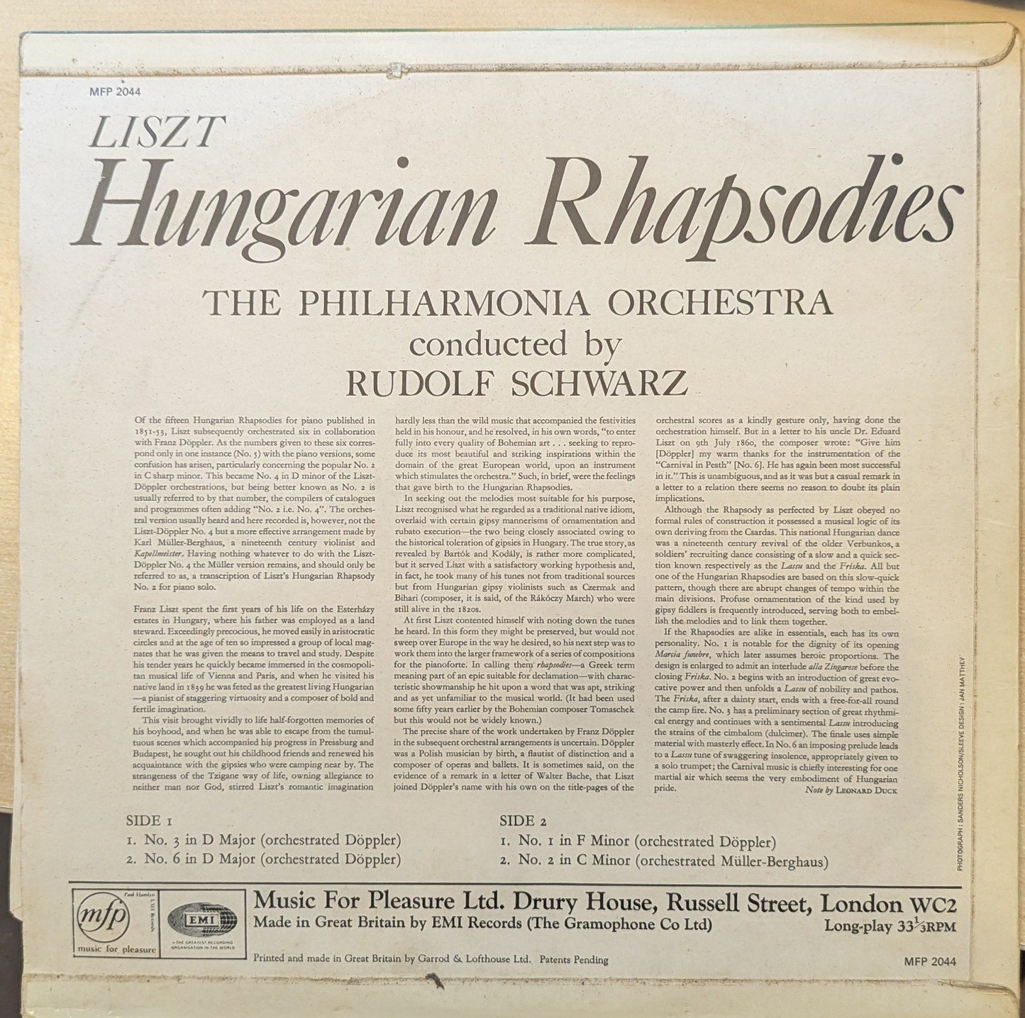 Liszt, The Philharmonia Orchestra Conducted By Rudolf Schwarz ‎– Hungarian Rhapsodies (MFP 2044) image 1