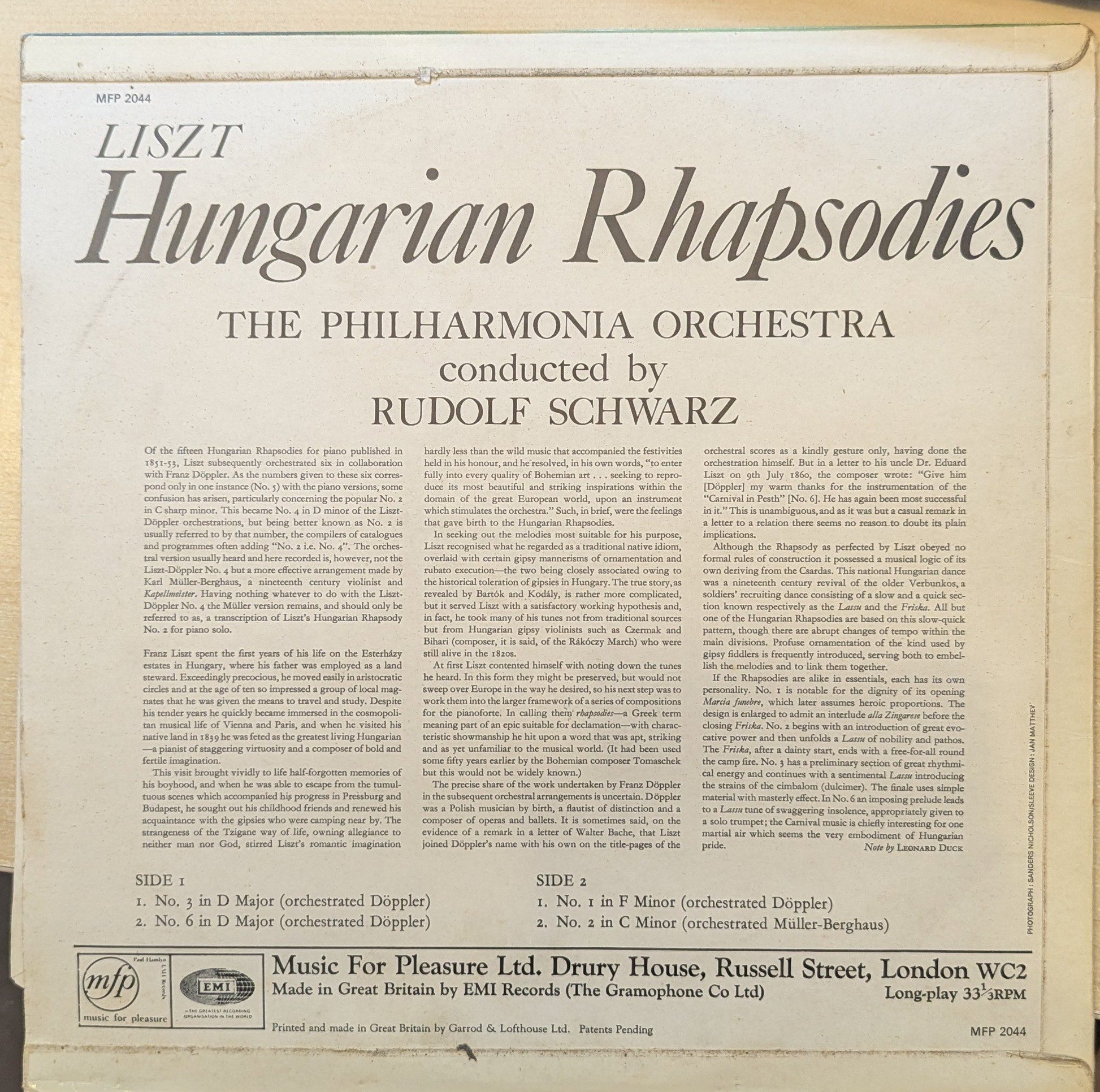 Liszt, The Philharmonia Orchestra Conducted By Rudolf Schwarz ‎– Hungarian Rhapsodies (MFP 2044) image 1