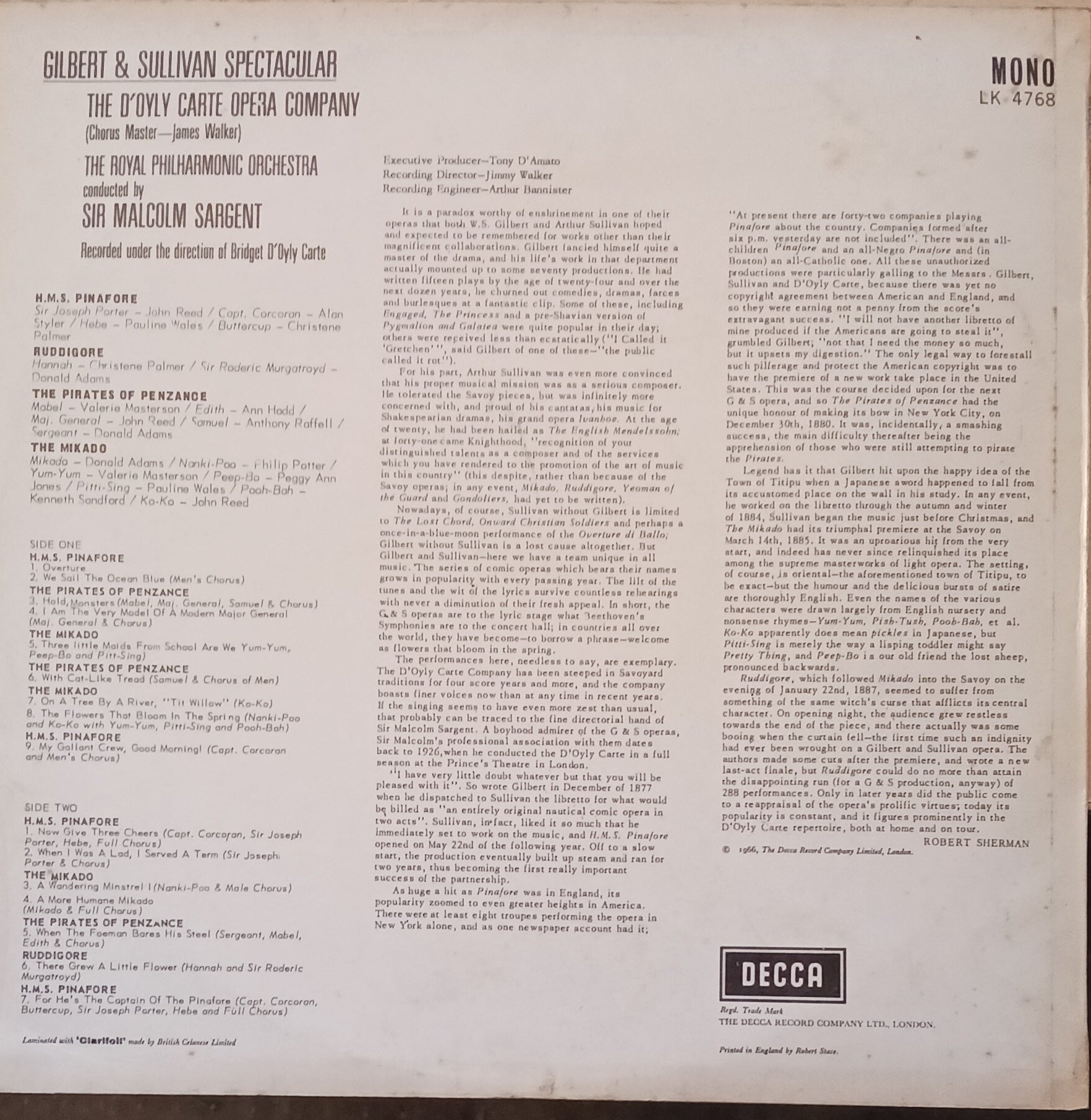 The D'Oyly Carte Opera Company, The Royal Philharmonic Orchestra, Sir Malcolm Sargent ‎– Gilbert & Sullivan Spectacular image 2