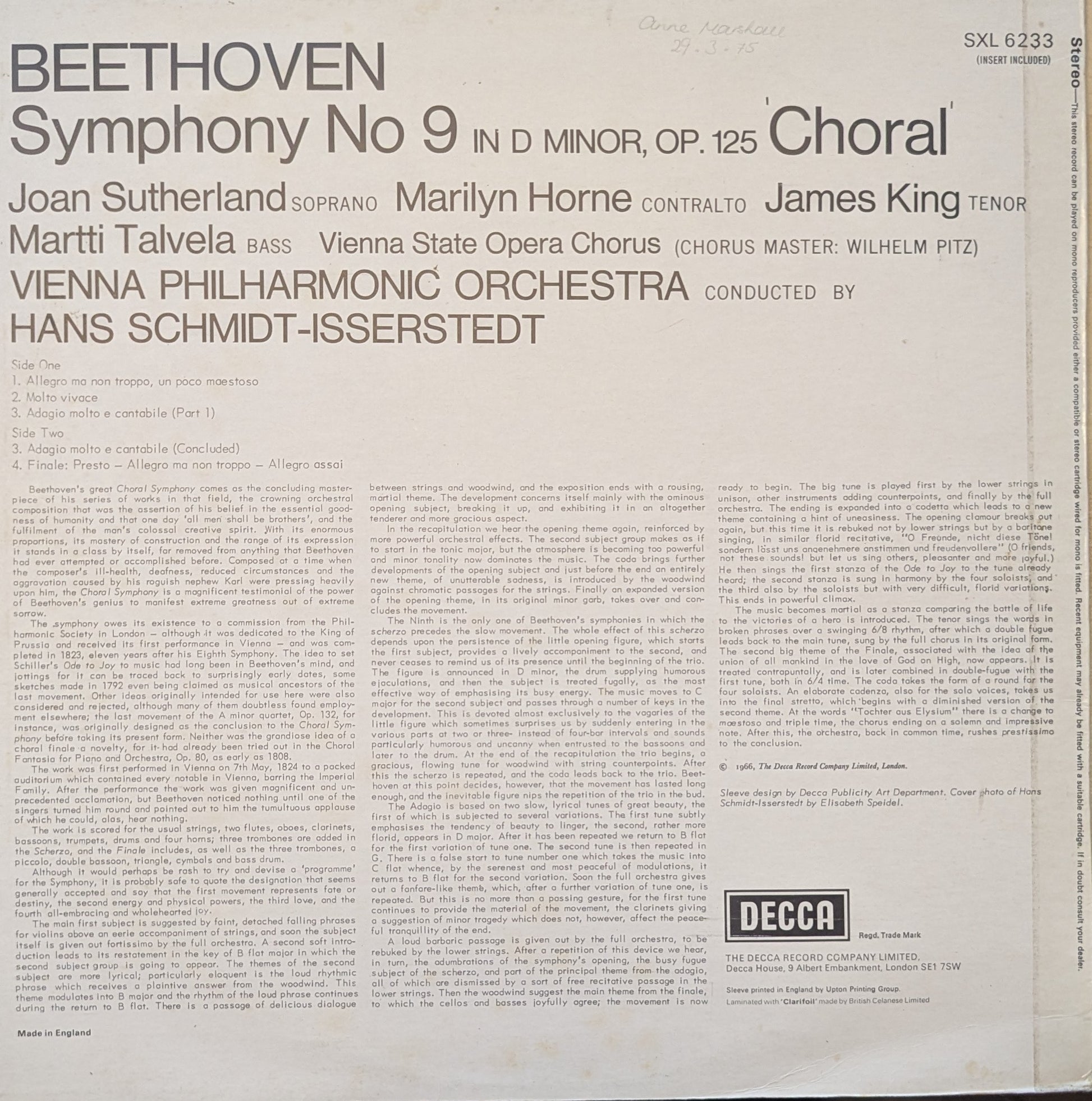 Symphony No 9 'Choral' (SXL 6233) image 1