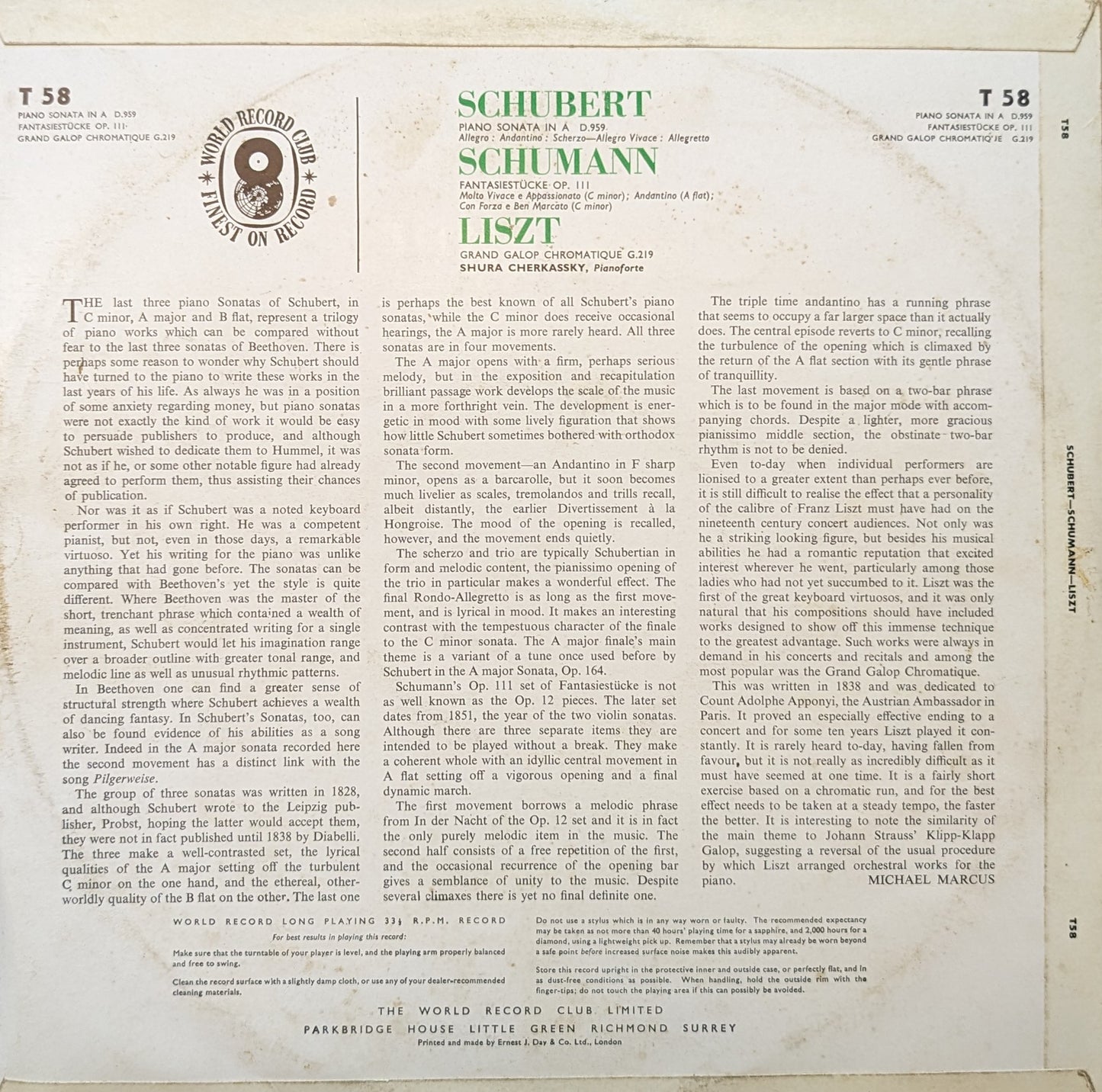 Shura Cherkassky ‎– Piano Sonata In A Major, Op. Posth: D.959 / Three Fantasiestücke, Op. 111 / Grand Gallop Chromatique, Op. 12 image 2