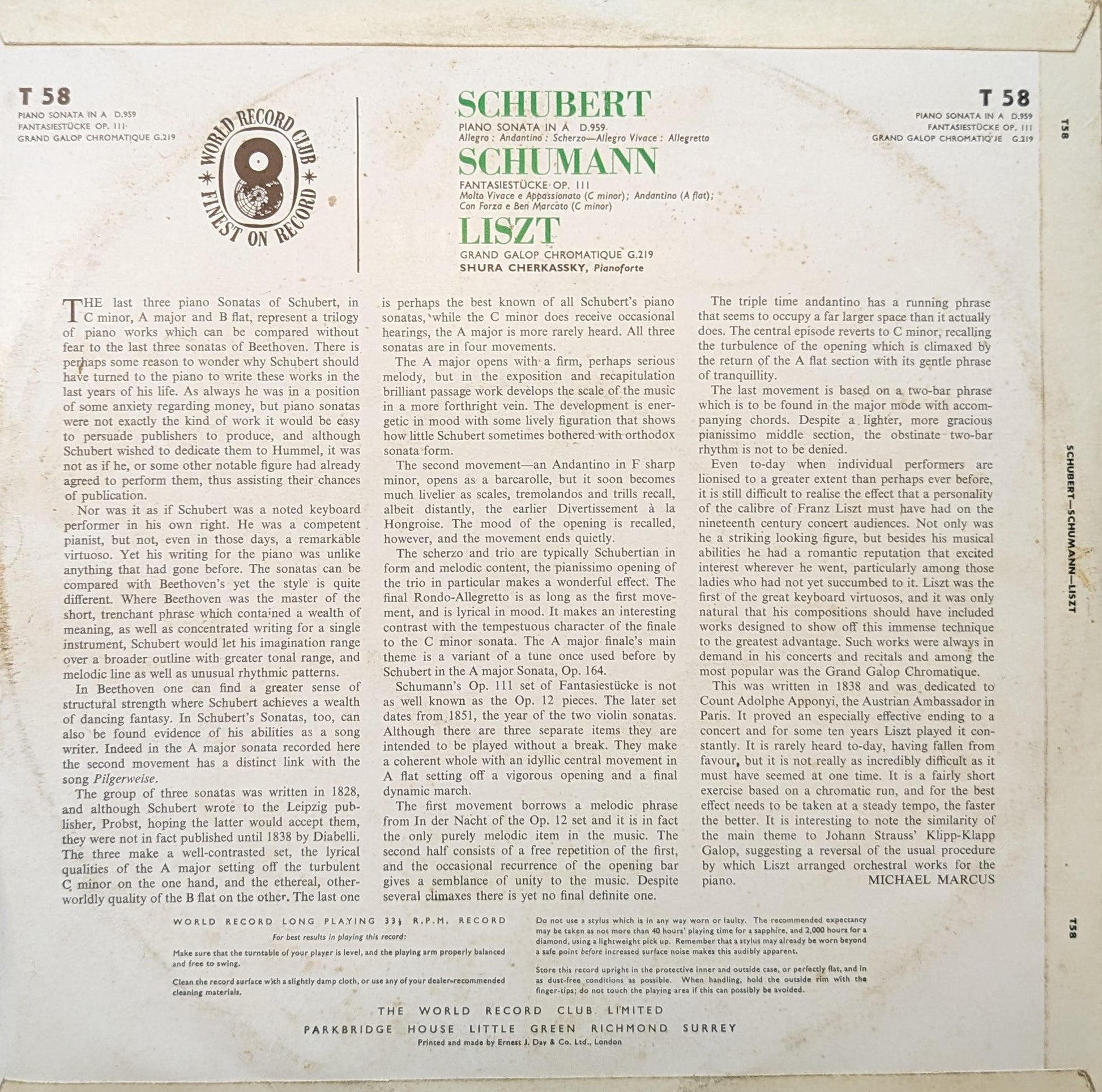 Shura Cherkassky ‎– Piano Sonata In A Major, Op. Posth: D.959 / Three Fantasiestücke, Op. 111 / Grand Gallop Chromatique, Op. 12 image 2