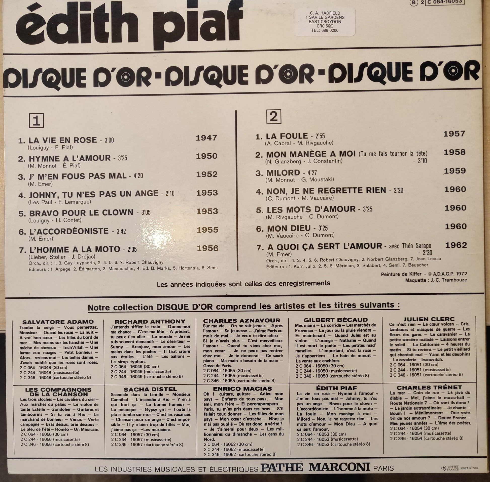 Edith Piaf – Le Disque D'Or D'Edith Piaf (2C 064 16053) image 4