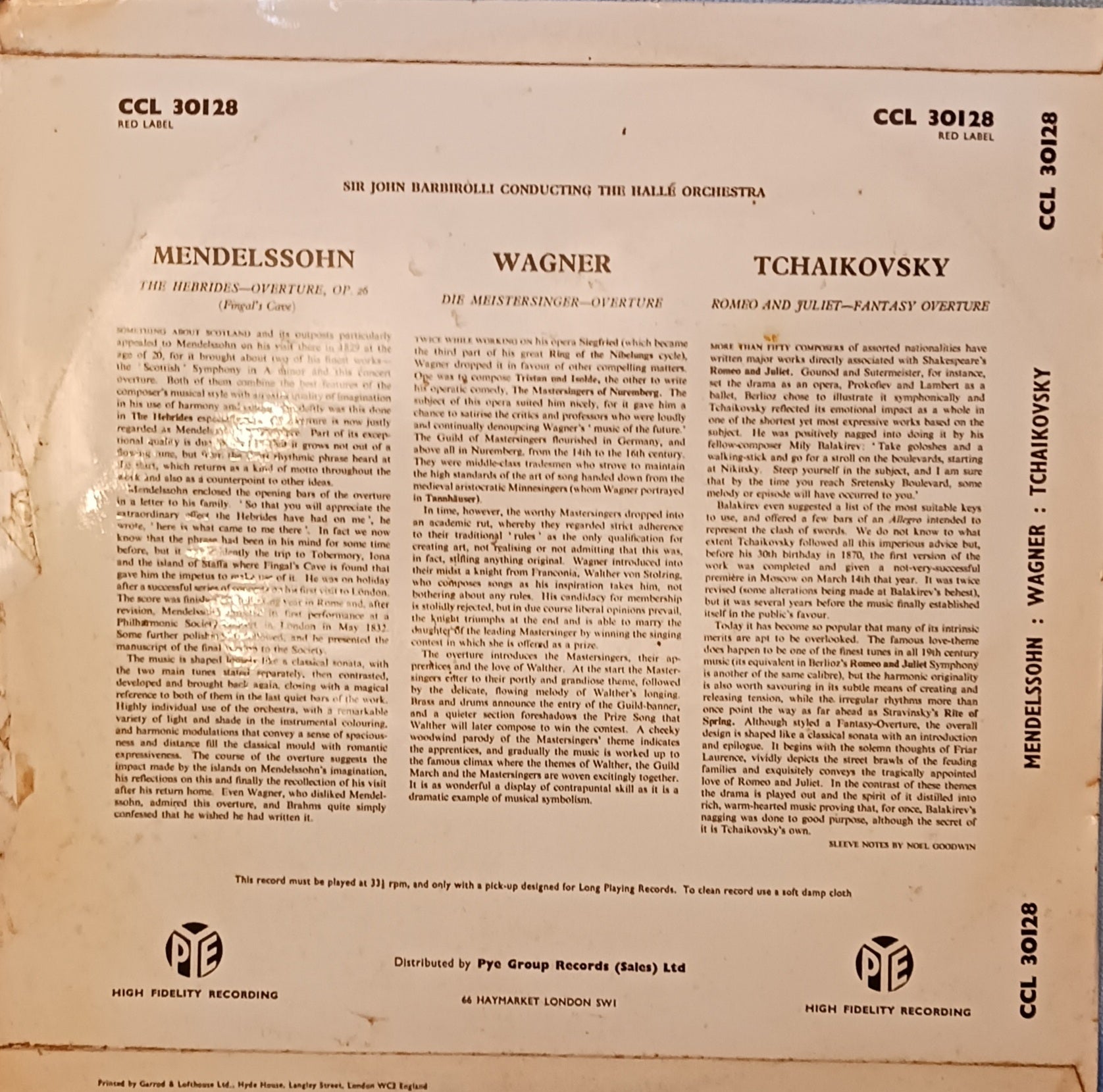 SIR JOHN BARBIROLLI Overtures TCHAIKOVSKY, MENDELSSHON, WAGNER image 2
