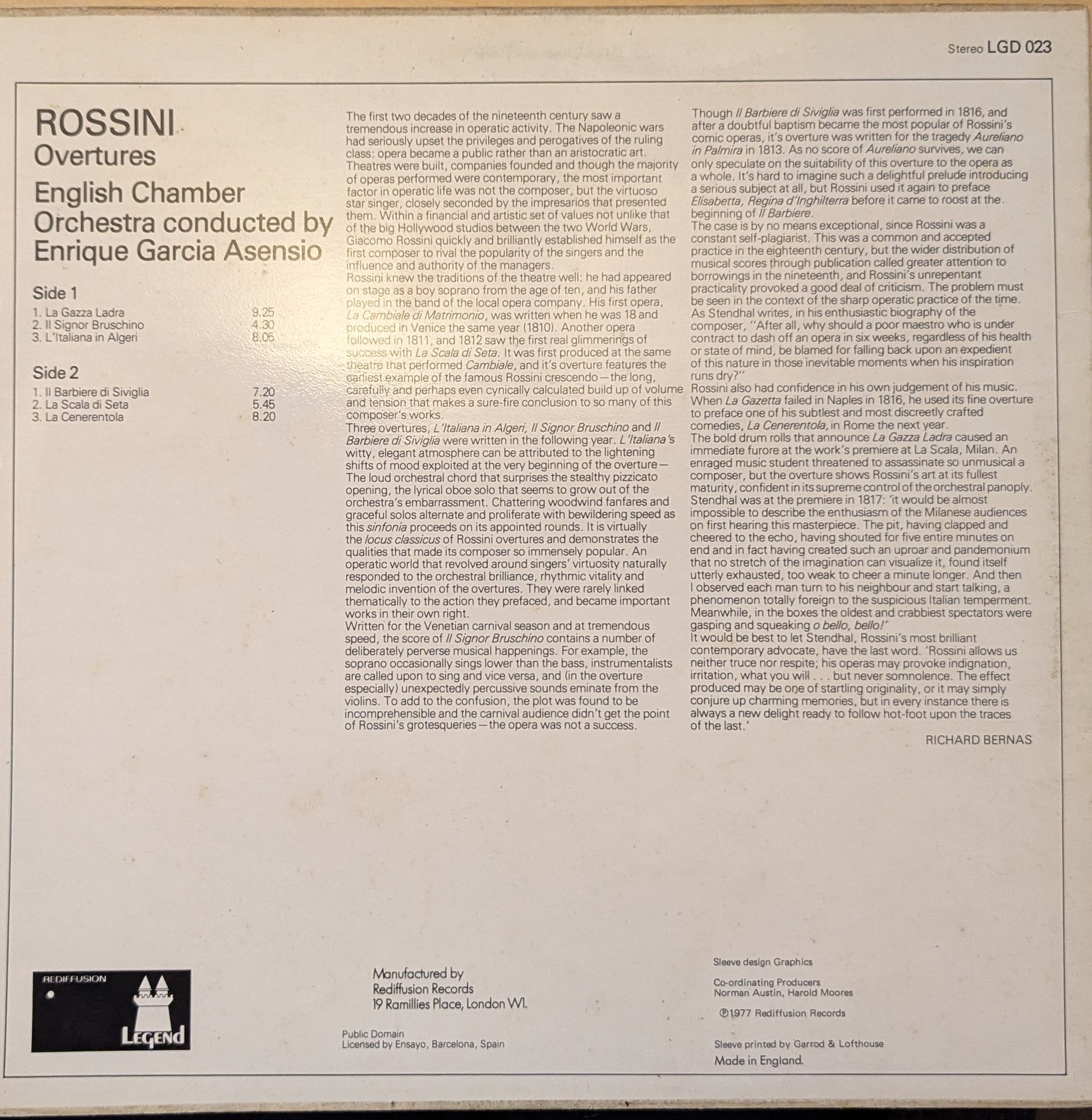 English Chamber Orchestra, Enrique Garcia Asensio ‎– Rossini Overtures (LGD 023) image 2